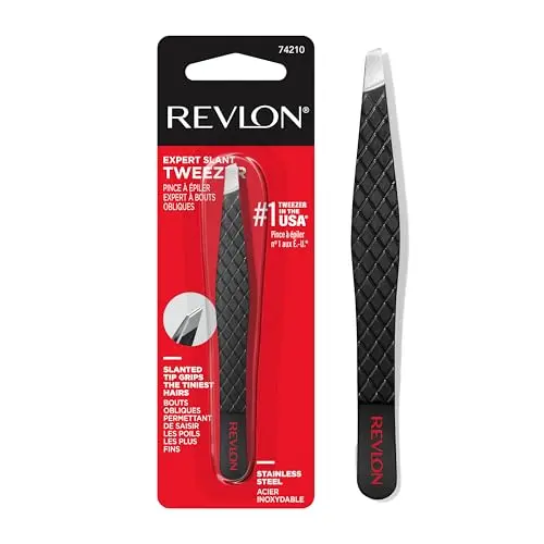 Classic black Revlon slant tip tweezer with stainless steel construction.
