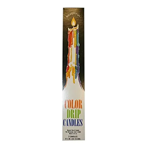 Classic white taper drip candles from Benjamin International, shown melting with colorful wax