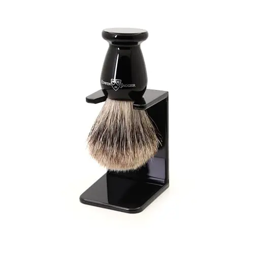 Edwin Jagger black shaving brush with imitation ebony handle on its stand