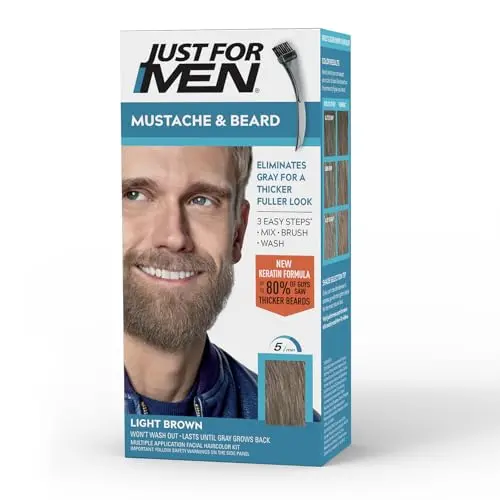 Just For Men Mustache and Beard dye kit with brush in light brown packaging