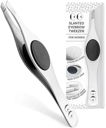 Coco's Closet silver tweezers with a blue silicone grip and protective tip covers.