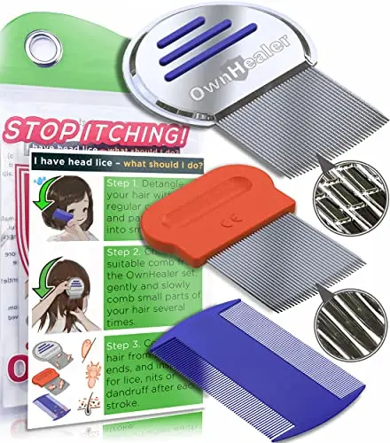 OWNHEALER lice comb kit with three different metal combs and a storage bag