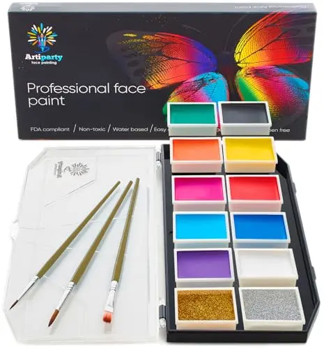 Artiparty Face Paint Kit with 10 colors, silver, and gold glitter