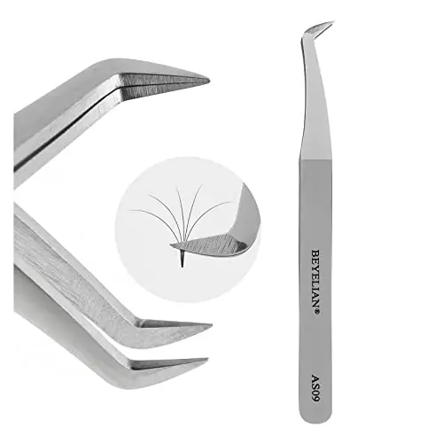 BEYELIAN AS09 silver curved lash tweezers on a pink cloth
