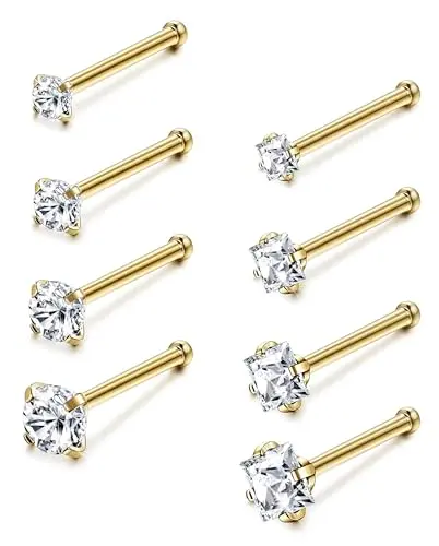 Jstyle 8-Piece Stainless Steel Nose Stud Set with assorted CZ sizes