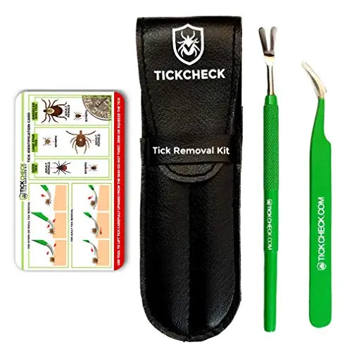 TickCheck Tick Remover Kit with stainless steel fork, fine-tip tweezers, and leather case.