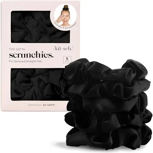 Set of five black satin scrunchies from Kitsch
