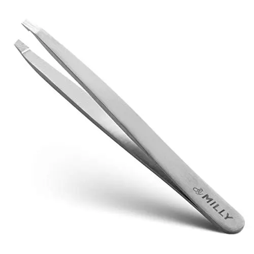 By MILY silver slant tweezers made of high-carbon stainless steel in a storage tube.