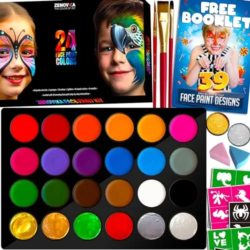 Zenovika Face Painting Kit with 24 colorful paints, stencils, and a guide book