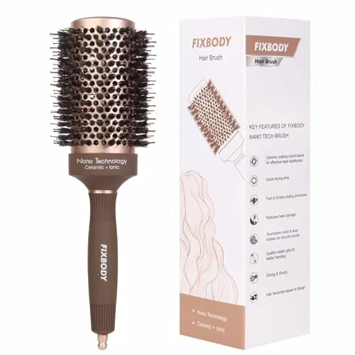 FIXBODY brown round ceramic hair brush with boar bristles and retractable cleaner
