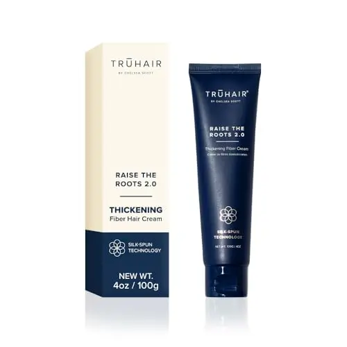 Truhair Raise The Roots 2.0 hair thickening cream in white and blue bottle