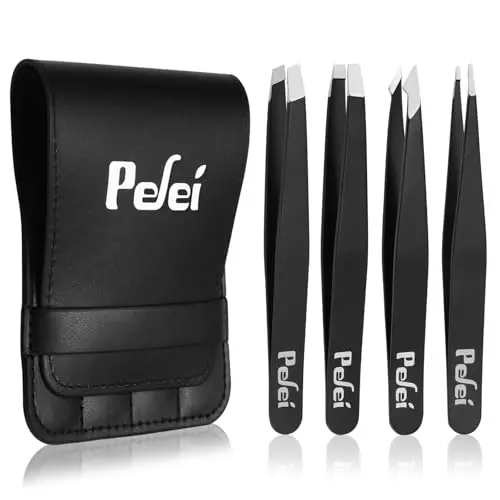 Pefei 4-piece stainless steel tweezer set in black leather case