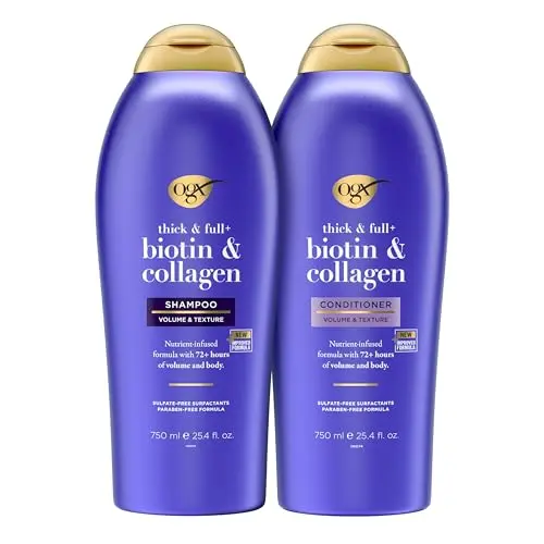 OGX Thick and Full Biotin and Collagen shampoo and conditioner bottles