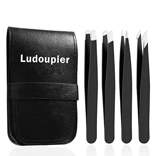 LUDOUPIER professional 4-piece tweezers set in a black leather travel case.