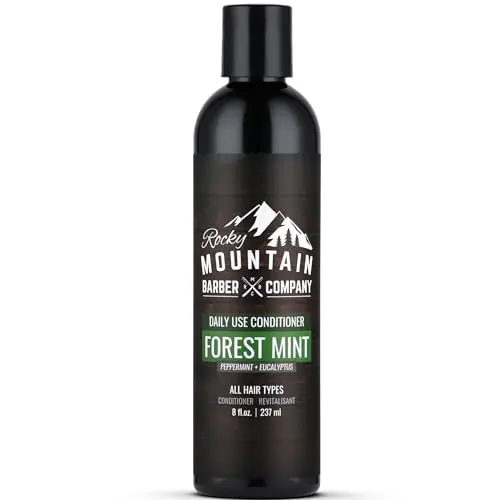 Rocky Mountain Barber Company conditioner bottle with mint and tea tree design