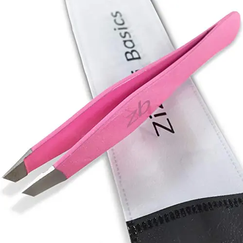 Zizzili Basics surgical grade stainless steel slant tip tweezers in pink with a pouch.