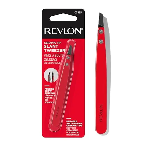 Revlon Ceramic Slanted Tip Tweezers in red, perfect for precise eyebrow shaping.