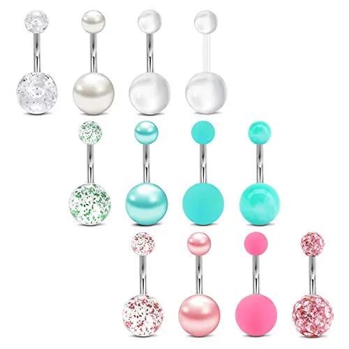 MODRSA 12-piece pack of surgical steel belly button rings with pearl and colored gems