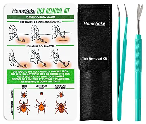 Homesake green tick removal tool and tweezers set with storage pouch.