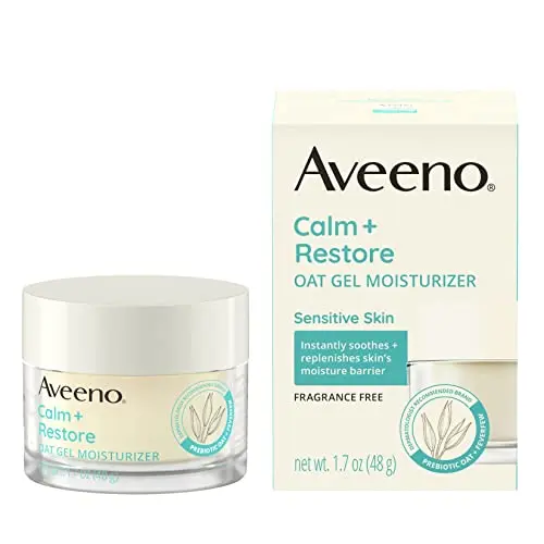Aveeno Calm + Restore Oat Gel Moisturizer in a small, minimalist purple jar
