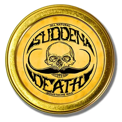 Sudden Death strong hold mustache wax in a small metal tin