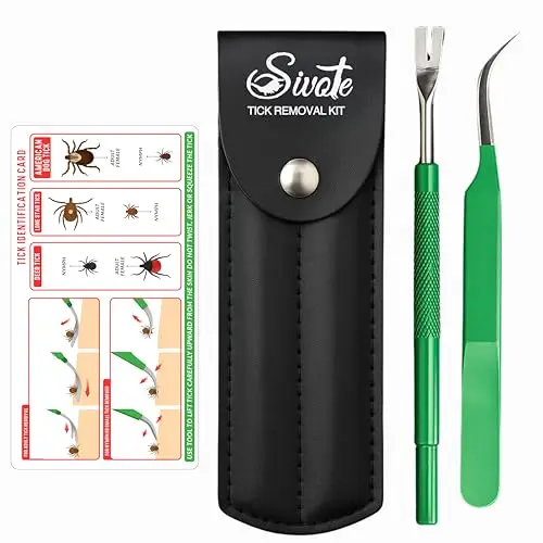 SIVOTE green tick removal kit with leather case, tool, tweezers, and ID card.