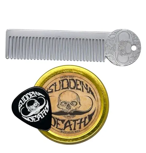 Death Grip Mustache Wax Strong Hold Sudden Death tin with metal comb