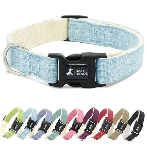 Fuzzy Friends Light Blue Hemp Dog Collar for sensitive skin