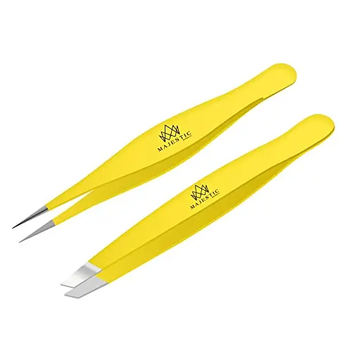 A yellow set of two stainless steel tweezers, one with a fine point and one with a slanted tip.
