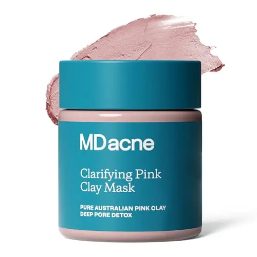 MDacne Clarifying Pink Clay Mask jar with applicator brush