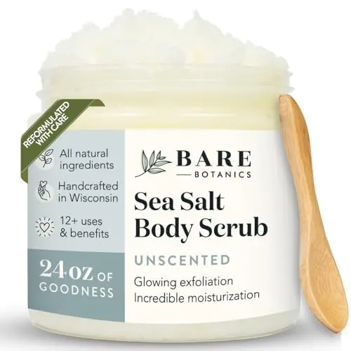 Bare Botanics Unscented Sea Salt Body Scrub with wooden spoon