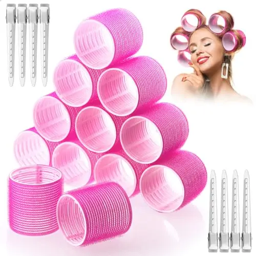 ACEJOZ jumbo 60mm hair rollers in rose red with clips for thick hair