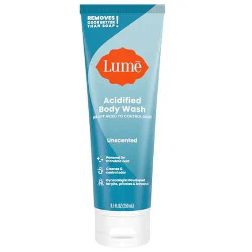 Lume Acidified Body Wash bottle showing clinical 24-hour odor control