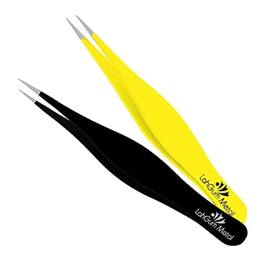 LahGum Metal Super Sharp Pointed Tweezers with yellow and black handle