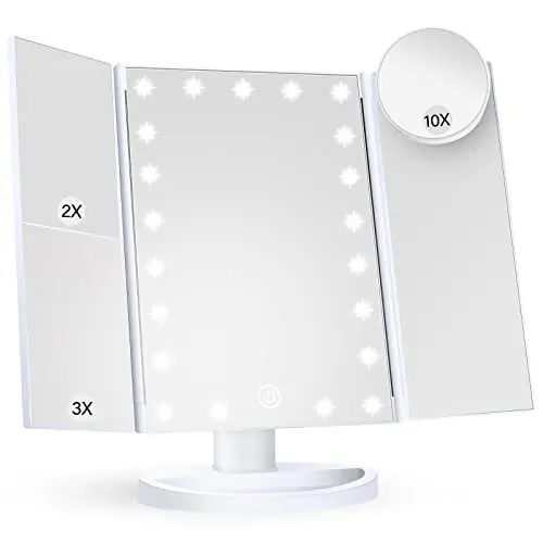 HUONUL white trifold makeup mirror with touch-controlled LED lights