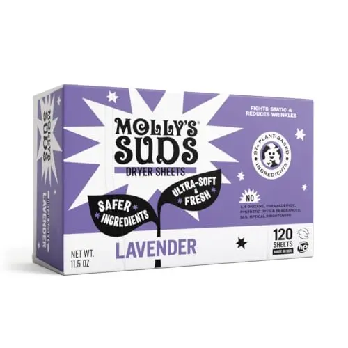 Cardboard box of Molly's Suds plant-based lavender or peppermint dryer sheets