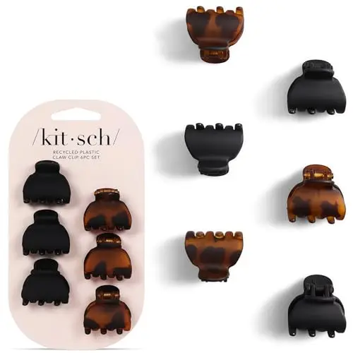 Kitsch mini tortoise and black plastic claw clips set of six