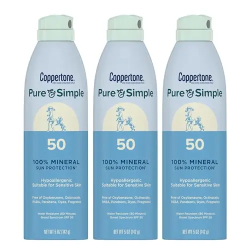 Coppertone Pure and Simple Zinc Oxide Mineral Sunscreen Spray 3-pack