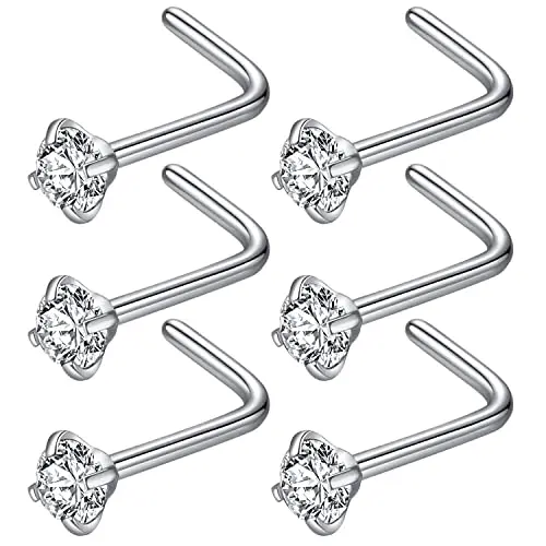 BLESSMYLOVE 6-pack of clear cubic zirconia L-shaped nose studs