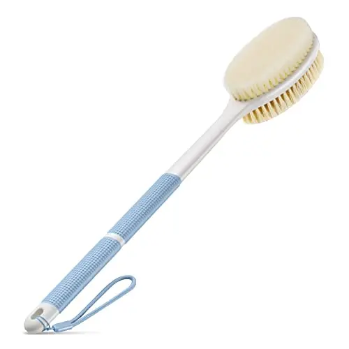 Backski plastic handle shower brush with blue and white bristles
