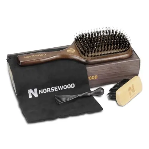 Norsewood 100% Boar Bristle Hair Brush Set with cleaning rake
