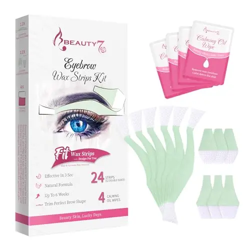Beauty7 box containing facial wax strips and calming oil wipes
