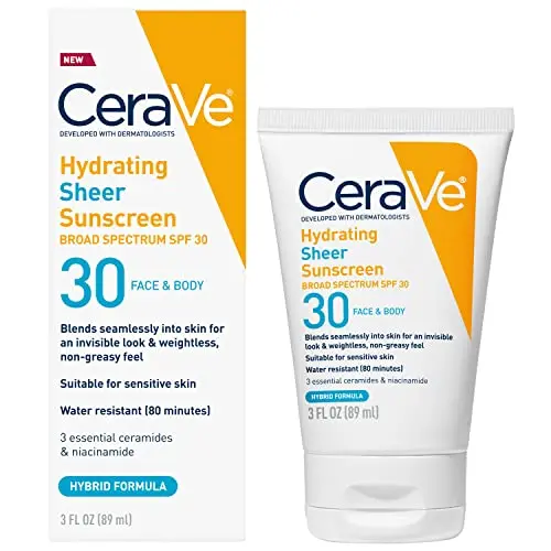 CeraVe Hydrating Sheer Sunscreen SPF 30 bottle for face and body