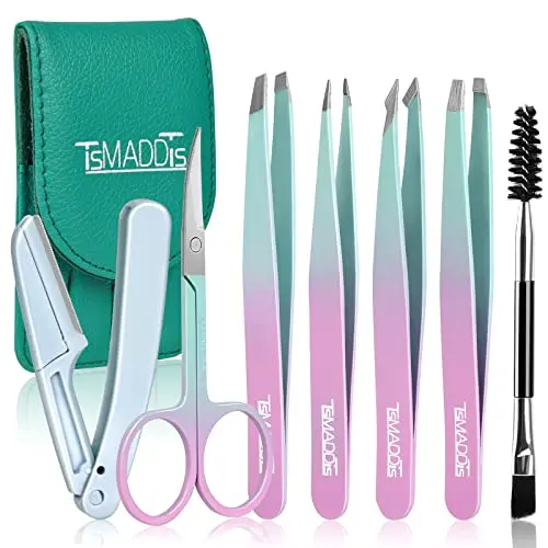 TsMADDTs 7-piece tweezer set in a green leather case, showing various tip styles and an eyebrow razor.