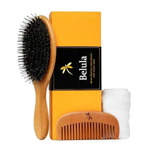 Belula premium wooden boar bristle hair brush set for thick hair, includes comb and travel bag