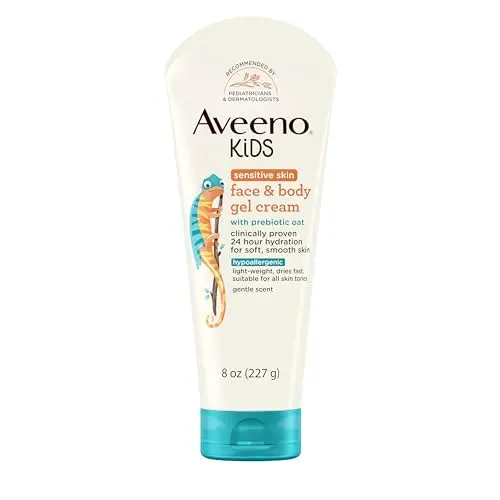 Aveeno Sensitive Skin Face & Body Gel Cream for Kids in a tall, white bottle with a green pump