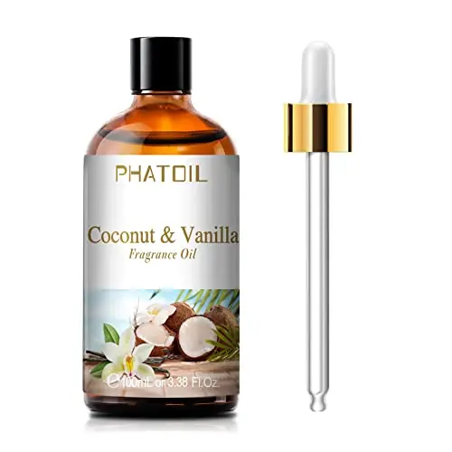 PHATOIL Coconut & Vanilla Fragrance Oil in a large amber glass bottle with dropper