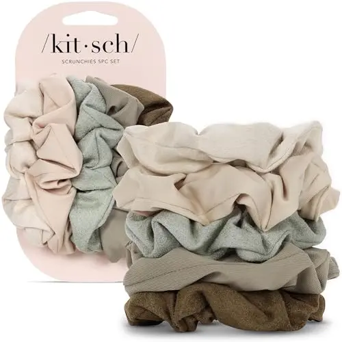 Kitsch pack of five moss green suede-finish fabric scrunchies.