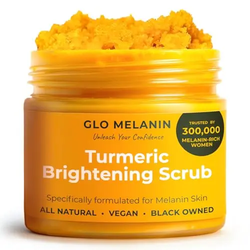 GLO Melanin Turmeric Scrub for dark spots in a small jar