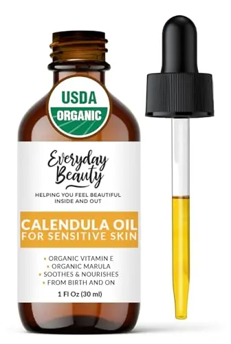 Everyday Beauty Organic Calendula Oil in glass bottle with dropper